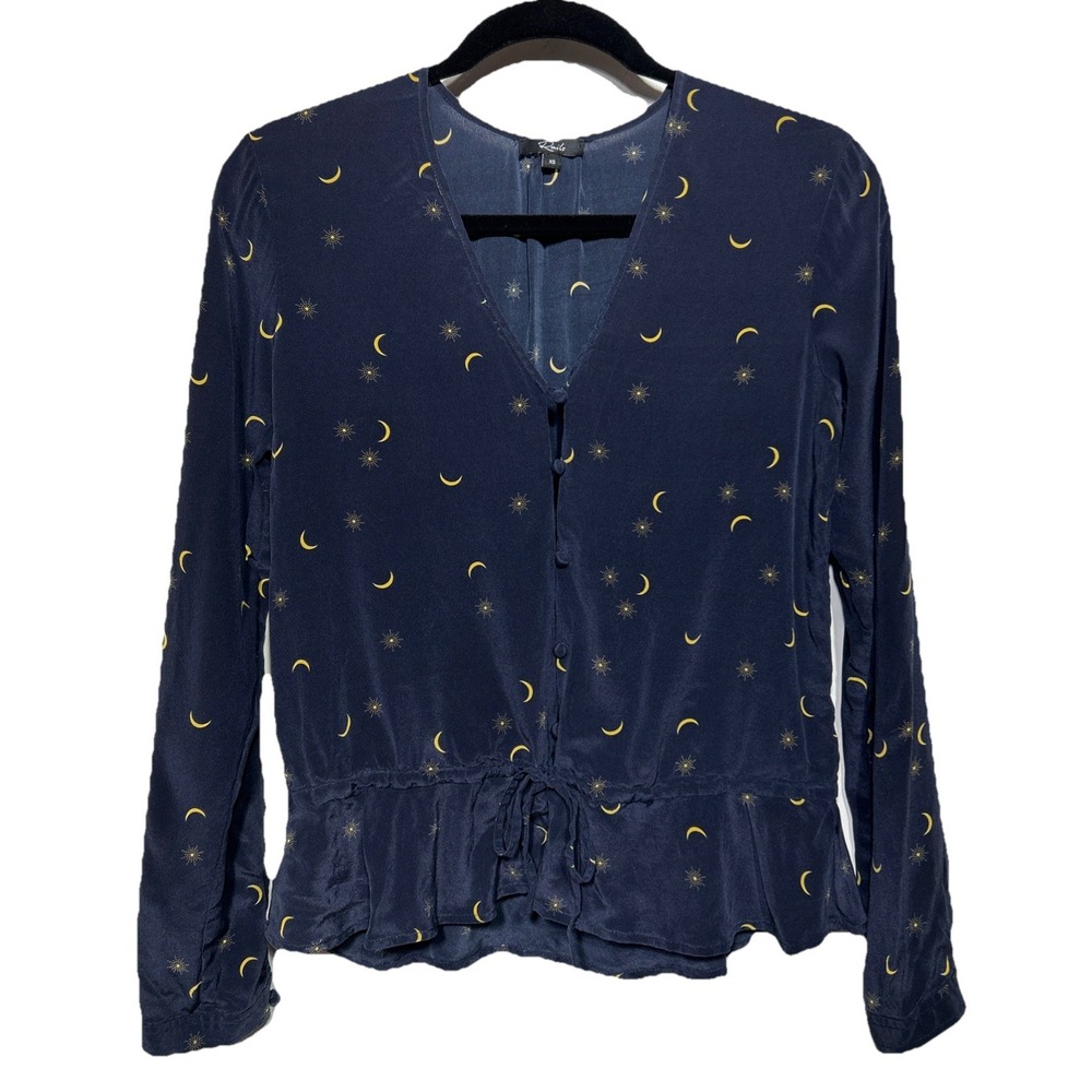 Rails Beaux Ruffle Waist Silk Blouse Navy Crescent Moon Size XS Retail: $198